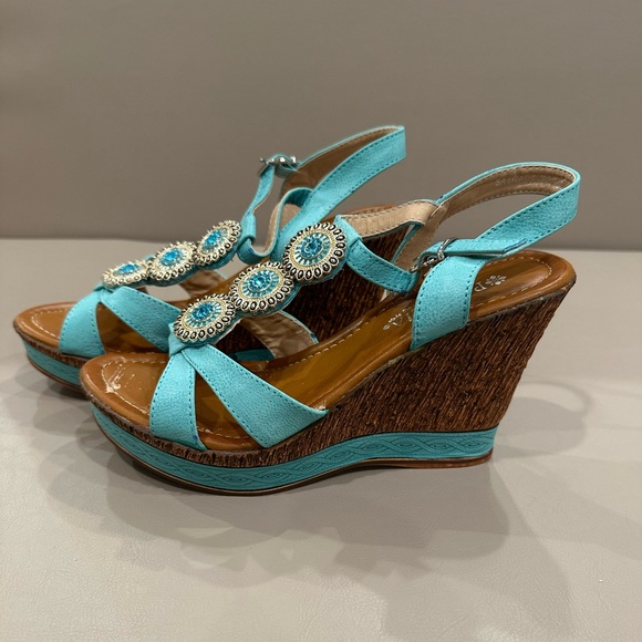 Spring Step Turquoise Beaded Wedge Sandals - Picture 2 of 9